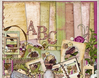 A Fine Romance Digital Scrapbook Kit, Collage, Card Making, Printable, Mini Album, Paper Craft, Journal, Green, Pink, Brown, Vintage,