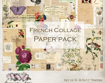 French Collage Digital Paper Pack, Set of 6, Tea dyed, Junk Journal,Scrapbooking, Cards, Roses, Script, Postmark, Botanical, Ephemera,Stamps