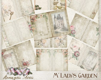 Old Rose Printable Journal, Hybrydowy dziennik, francuski, ogród, vintage, junk journal, papier cyfrowy, efemerydy, tagi, użycie komercyjne, mini album