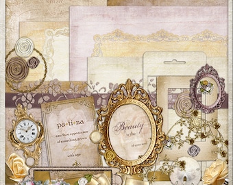 Patina Digital Scrapbook Kit | Scrapbooking |  Papercraft | Printable | Digital Kit |  Memory Album |  Mini Album |  Gold | Rose | 12x12 |