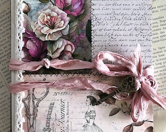 Beautiful Vintage Rose Ephemera Holder, Sewing Junk Journal, Pocket Folio, 36 Vellum Storage Pockets, Lace, French Script, Scissors