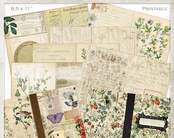 French Botanical Print Junk Journal Pages, Ephemera, Vintage, Mini Album, Scrapbook, Script, Tags, Cards, Cover