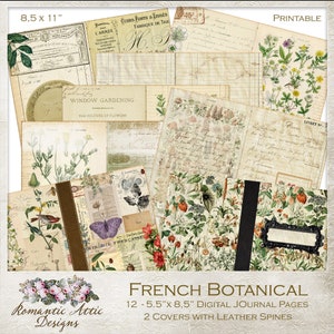 Kit de carnet de voyage botanique français, papillon, pages de journal, éphémère, vintage, mini album, scrapbooking, script, étiquettes, cartes, couverture