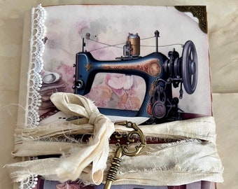 Vintage Sewing Room Junk Journal and Ephemera Holder, Pocket Folio, 18 Vellum Storage Pockets, Tea stained Pages, Lace, Scissors, Thread