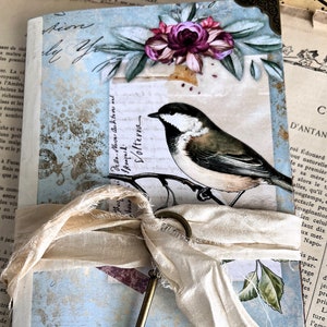 Botanical Birds Ephemera Holder, Junk Journal, Pocket Folio, 36 Vellum Pockets, Completed, Vintage, Roses, Crowns, 12 pages, Shabby