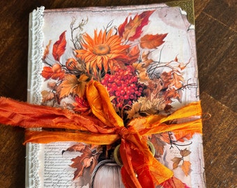 Autumn Leaves Bouquet Ephemera Holder, Pumpkins, Sunflowers, Junk Journal, Pocket Folio, 36 Vellum Pockets, Fall Leaves, 12 pages, Lace