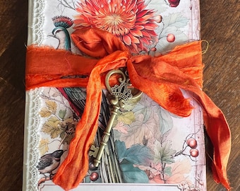 Autumn Peacock Ephemera Folio, Junk Journal Hybrid, 36 Vellum Pockets, Sari Silk Tie