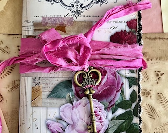 French Roses Ephemera Holder and Junk Journal, Book, 22 pages, Pocket Folio, 12 Vellum Pockets, Lace, French Script, rose, handmade,pink