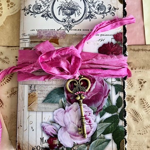 French Roses Ephemera Holder and Junk Journal, Book, 22 pages, Pocket Folio, 12 Vellum Pockets, Lace, French Script, rose, handmade,pink
