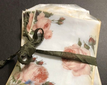 French Botanical Rose Glassine Bags, Collage, Vintage, Art Journal, Junk Journal, Mini Album, Ephemera, Pierre-Joseph Redouté Roses, Wax Bag
