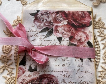 Pink Peony Decoupaged Favor Bags, Vintage French Ephemera, Collage Set of 8