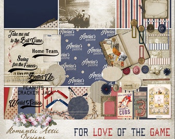 Vintage Baseball, Digital Scrapbook Kit, For Love of The Game, Digital Paper, Boys of Summer, Word Art, Printable, Mini Album, Little League