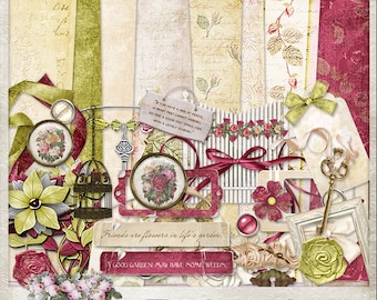 Secret Garden Digital Scrapbook Kit, Digital Paper, Scrapkit, Tags, Mini Album, Journal, Printable, Garden, Scrapbooking, Wedding, Ephemera