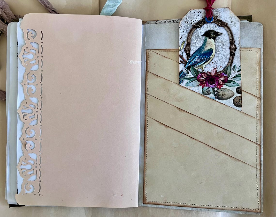 Vintage French Bird Ephemera Holder and Hybrid Junk Journal, 29 Pockets ...