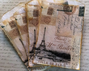 Eiffel Tower Collage Glassine Favor Bags, Vintage, Paris, Art Journal, Junk Journal, Mini Album, Ephemera, Tea Stain, Decoupage, Treat Bag