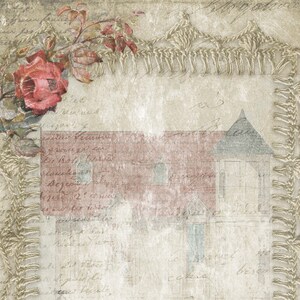 May include: A vintage-style image with a faded, handwritten background and a delicate crocheted border. A rose with pink petals is in the upper left corner. A faded drawing of a house with a gabled roof is in the center of the image.