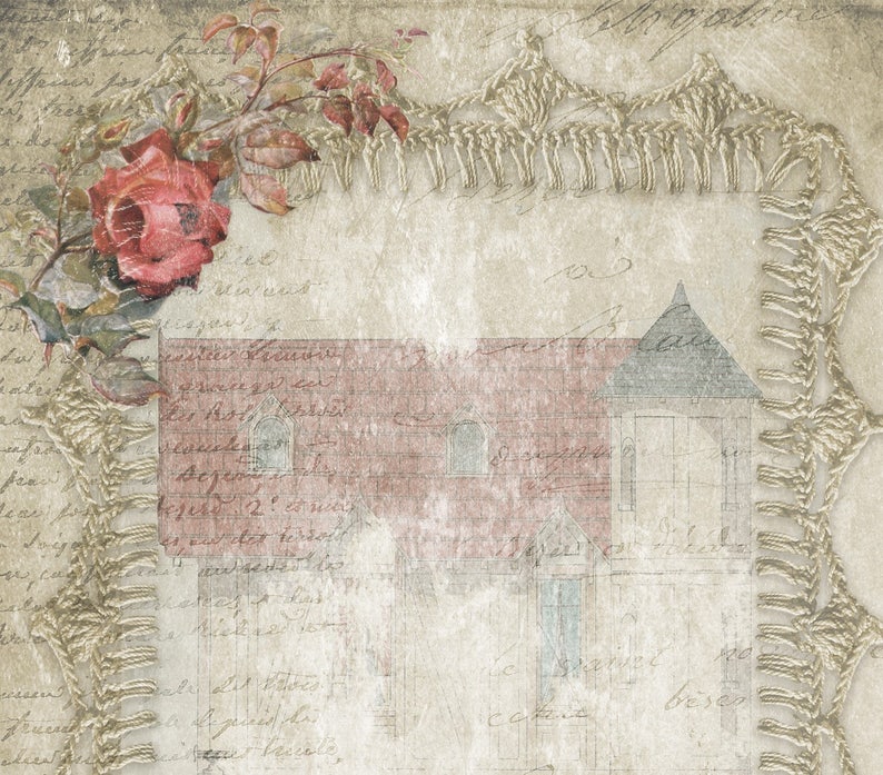 May include: A vintage-style image with a faded, handwritten background and a delicate crocheted border. A rose with pink petals is in the upper left corner. A faded drawing of a house with a gabled roof is in the center of the image.