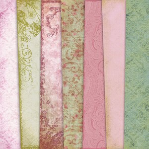 K&ouml;nnte beinhalten: Ein Satz von acht digitalen Papiertexturen mit verschiedenen floralen und Paisley-Mustern in Rosat&ouml;nen, Gr&uuml;n und Braun. Die Papiere haben einen Vintage-Look mit einem Used-Look.