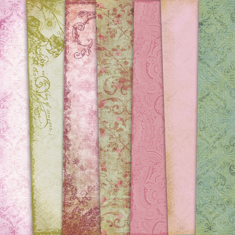 K&ouml;nnte beinhalten: Ein Satz von acht digitalen Papiertexturen mit verschiedenen floralen und Paisley-Mustern in Rosat&ouml;nen, Gr&uuml;n und Braun. Die Papiere haben einen Vintage-Look mit einem Used-Look.