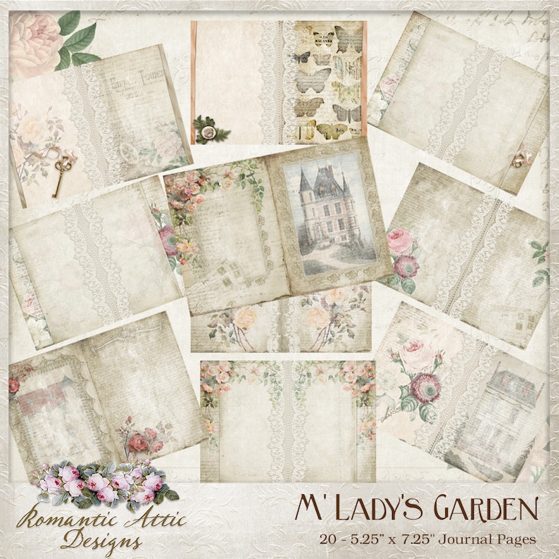 May include: Twenty printable journal pages featuring a vintage aesthetic with floral designs, lace trim, and a castle illustration. The pages are 5.25 inches by 7.25 inches and are titled "M' Lady's Garden".