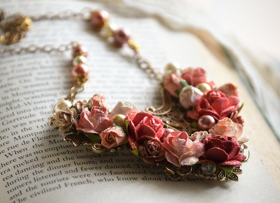 Necklace Dusty Tea Pink White Crystals Peach Rose Shabby Chic