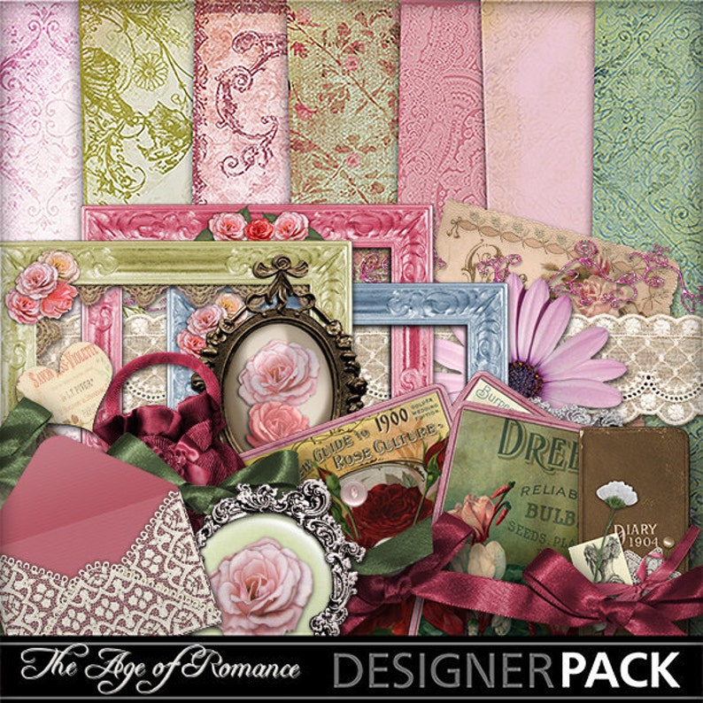 K&ouml;nnte beinhalten: Ein digitales Scrapbooking-Set mit einem romantischen Vintage-Thema. Das Set enth&auml;lt Bilder von Rosen, Spitze, Rahmen und B&auml;ndern in Rosa-, Gr&uuml;n- und Braunt&ouml;nen. Der Text "The Age of Romance Designer Pack" ist am unteren Rand des Bildes sichtbar.