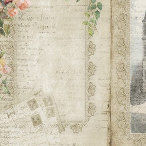May include: A vintage-style journal with a floral design and handwritten text. The journal is open to a blank page with a decorative border. The background is a light beige color.