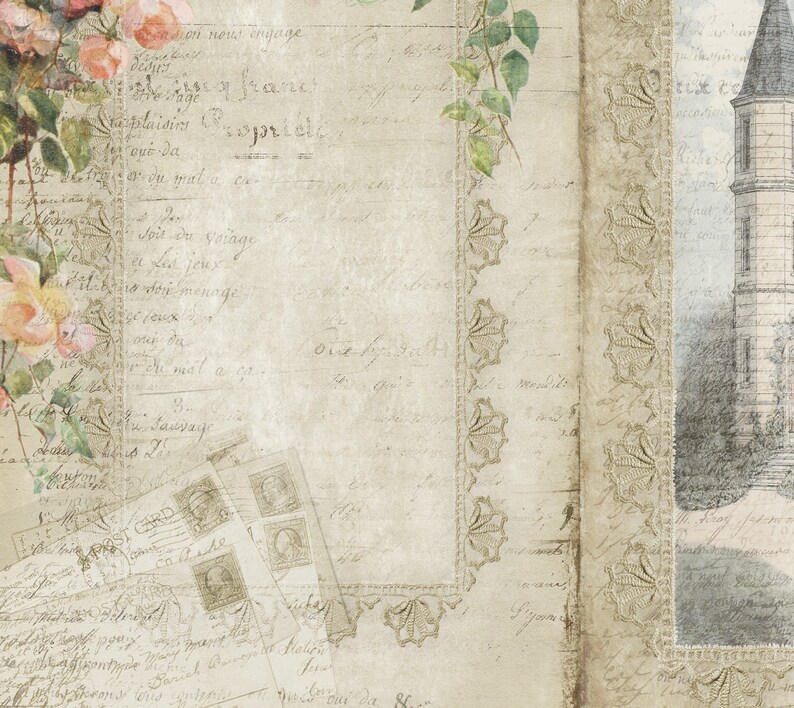 May include: A vintage-style journal with a floral design and handwritten text. The journal is open to a blank page with a decorative border. The background is a light beige color.