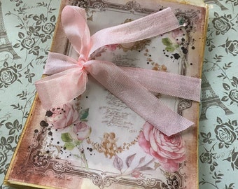 Pink Rose and Vintage Advertisements Decoupaged Glassine Favor Bags, Collage, Vintage, French, Junk Journal, Mini Album, Ephemera, Tag Bag