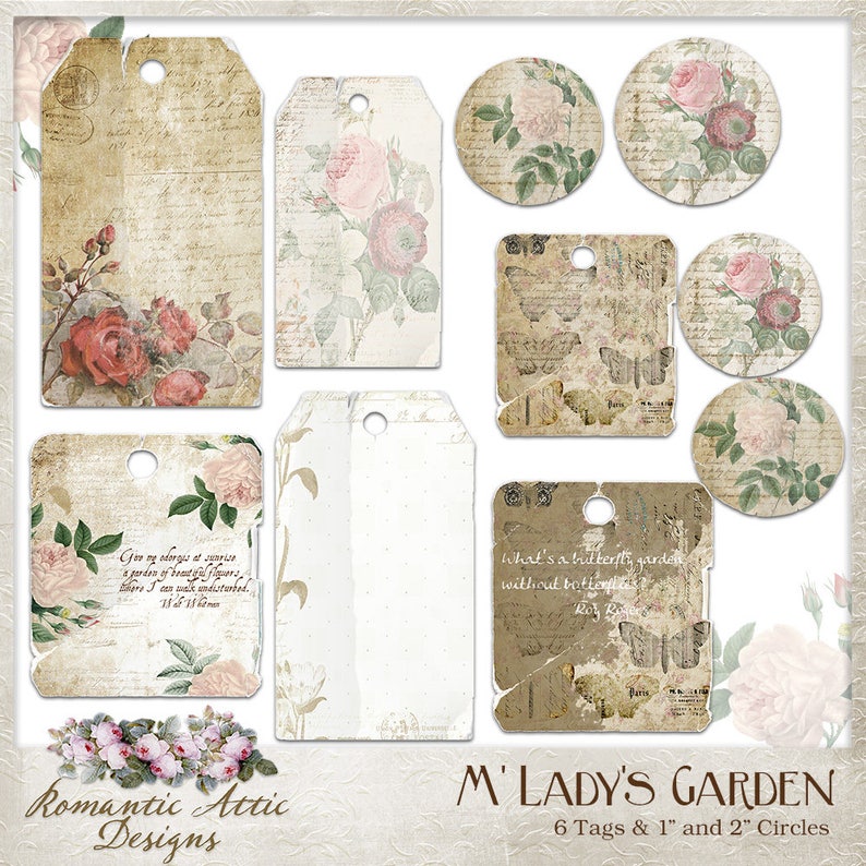 May include: Six vintage-style gift tags with floral designs and text, including "What's a butterfly garden without butterflies".  Also included are four circles with floral designs.  The tags are 2.5 inches by 3.5 inches and the circles are 1 inch and 2 inches in diameter.