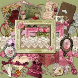 K&ouml;nnte beinhalten: Eine Collage im Vintage-Stil mit einem gr&uuml;nen und rosafarbenen Rahmen, Spitzenbesatz, einer kleinen Holzkiste, einer rosa Samt-Tasche, einem Tagebuch mit dem Text "Diary 1904" und einer Saatgutpackung mit dem Text "Dreer's Reliable Bulbs Seeds Plants".