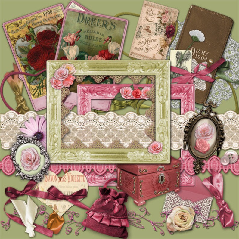 K&ouml;nnte beinhalten: Eine Collage im Vintage-Stil mit einem gr&uuml;nen und rosafarbenen Rahmen, Spitzenbesatz, einer kleinen Holzkiste, einer rosa Samt-Tasche, einem Tagebuch mit dem Text "Diary 1904" und einer Saatgutpackung mit dem Text "Dreer's Reliable Bulbs Seeds Plants".