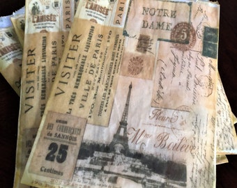 Eiffel Tower Glassine Favor Bags, Collage, Vintage, Paris, Art Journal, Junk Journal, Mini Album,Ephemera, Tea Stain, Decoupage, Treat Bag