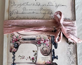 Victorian Sewing Room Ephemera Holder, Junk Journal, Pocket Folio, 36 Vellum Pockets, Completed, Vintage, Roses, Scissors, 12 pages, Shabby