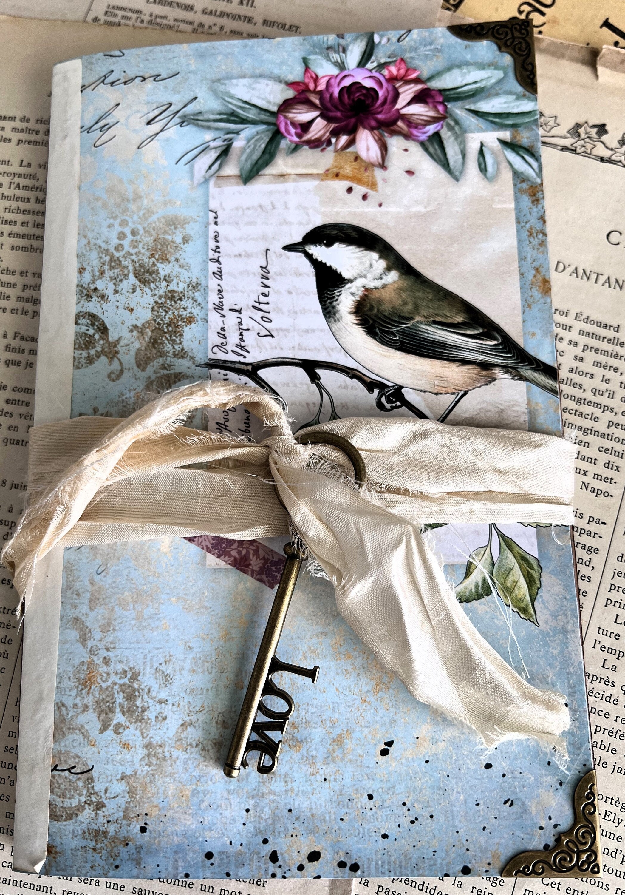 Botanical Birds Ephemera Holder, Junk Journal, Pocket Folio, 36 Vellum Pockets, Completed, Vintage, Roses, Crown, 12 pages, Shabby, French