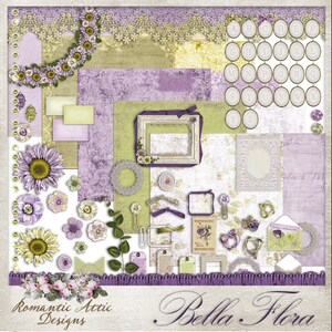 Bella Flora, kit de scrapbooking numérique, scrapbooking, fleurs, papier, Alpha, kit de journal imprimable, violet, vert, monogramme, jardin, printemps