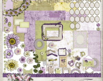 Bella Flora, Digital Scrapbook Kit, Scrapbooking, Flowers, Paper, Alpha, Printable Journal Kit, Purple, Green, Monogram, Garden, Spring