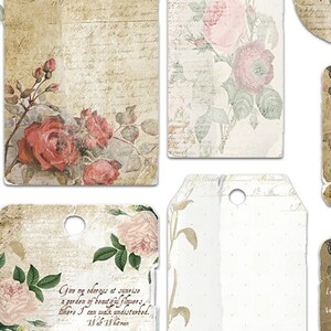 May include: Set of six vintage-style gift tags with floral designs and handwritten text. The tags are made of paper and have a hole punched at the top for string or ribbon.