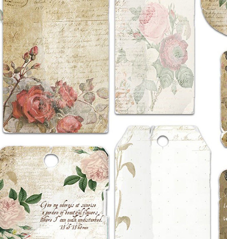 May include: Set of six vintage-style gift tags with floral designs and handwritten text. The tags are made of paper and have a hole punched at the top for string or ribbon.