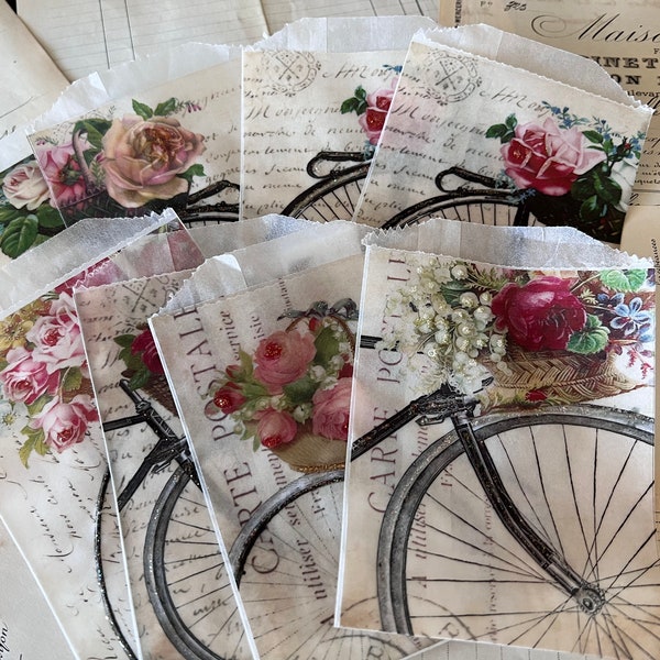 Vintage French Rose Bicycle Glassine Bags,  Paris Postmark, Art Journal, Junk Journal, Mini Album, Ephemera, Tea Stain, Tag Bags