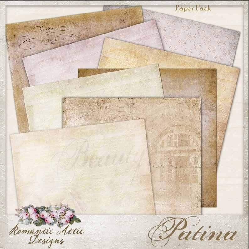 May include: A set of 8 digital paper textures in warm beige, brown, and cream colors with a vintage, distressed look. The papers feature subtle patterns and faded text. The text on the papers includes "Patina" and "Romantic Attic Designs".