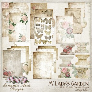 May include: A set of 17 6x8 inch file divider pages and 6 page tabs featuring a vintage floral design with roses, butterflies, and birds. The pages are printed on a textured paper with a distressed look. The text "M'Lady's Garden" is printed in brown at the bottom of the image.