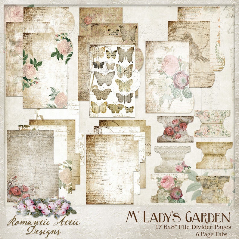 May include: A set of 17 6x8 inch file divider pages and 6 page tabs featuring a vintage floral design with roses, butterflies, and birds. The pages are printed on a textured paper with a distressed look. The text "M'Lady's Garden" is printed in brown at the bottom of the image.