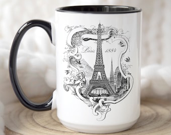 Eiffel Tower Coffee Cup, French Collection, Paris Mug, Coffee in Paris, Fleur de Lys, Crown, French Bee, Parisienne, Black, Gift, 15oz