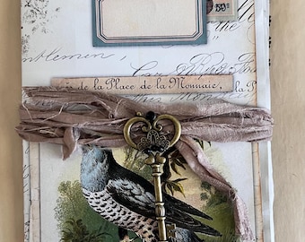 Vintage French Bird Ephemera Holder and Hybrid Junk Journal, 29 Pockets, Handmade, Tags, Cards, Traveler’s Notebook Style