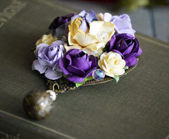 Yellow And Purple Rose Brooch Lilac Roses Fleur De Lis Paper Flower Jewelry Rose Pin Gift For Her Gift For Mom Mulberry Paper Flowers