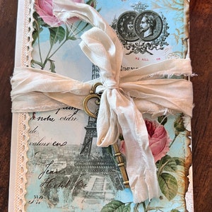 Paris Rose Ephemera Holder, Junk Journal, Pocket Folio, 36 Vellum Pockets, Completed, Vintage, Roses, Eiffel Tower, 12 pages, Shabby,