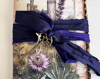 Scottish Thistle Ephemera Holder and Junk Journal, Highlands, 24 Pages with Castles, Thistles and Stormy Skies | 22 pockets, Tags and Cards