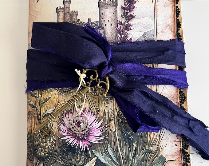 Featured listing image: Scottish Thistle Ephemera Holder and Junk Journal, Highlands, 24 Pages with Castles, Thistles and Stormy Skies | 22 pockets, Tags and Cards