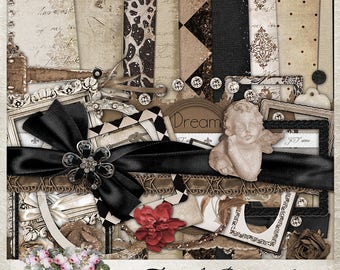 French Romantique Scrapbooking Kit: Vintage Style Paper, Tags (Digital Download)